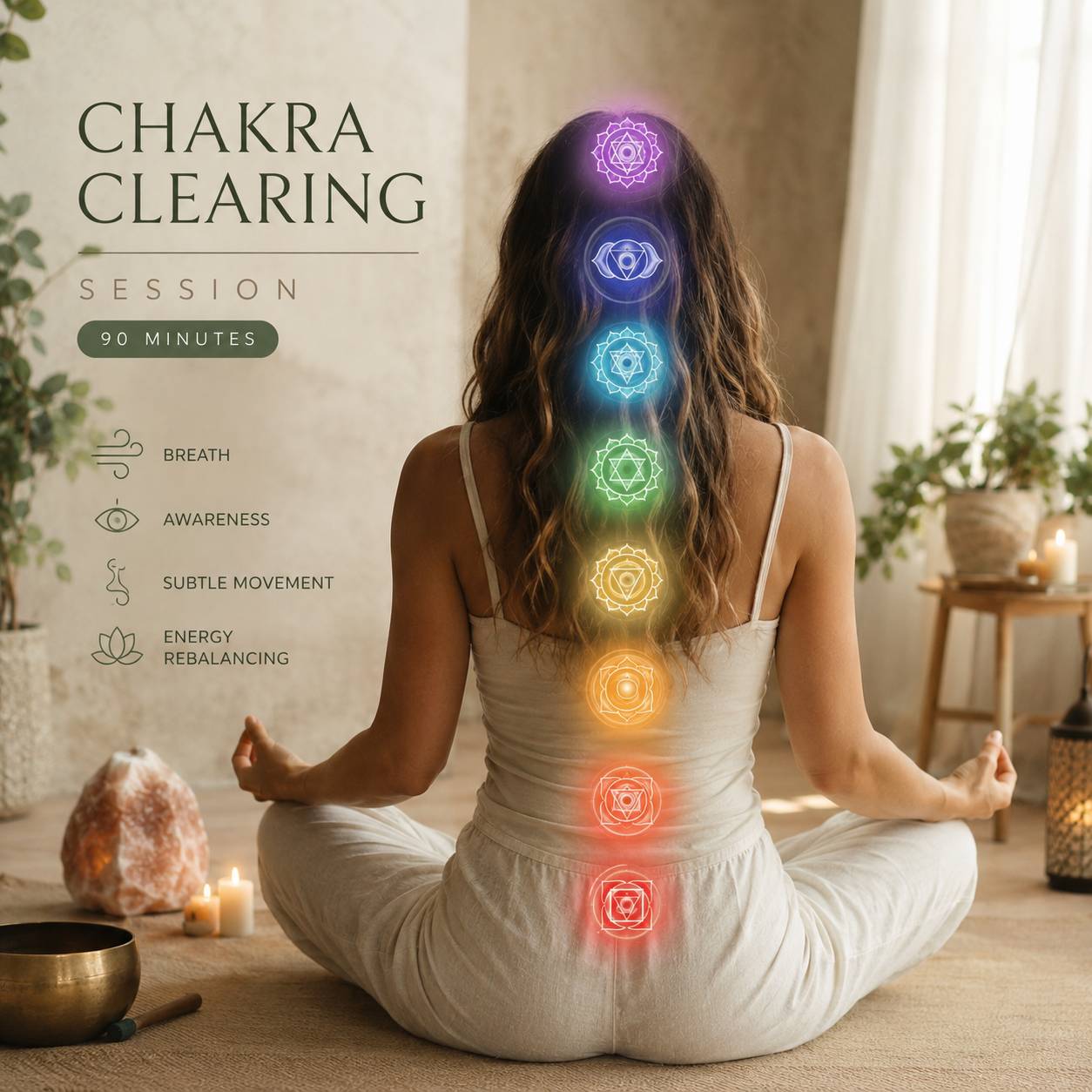 Woman in a yoga pose with chakra symbols above her head, set against a neutral background.